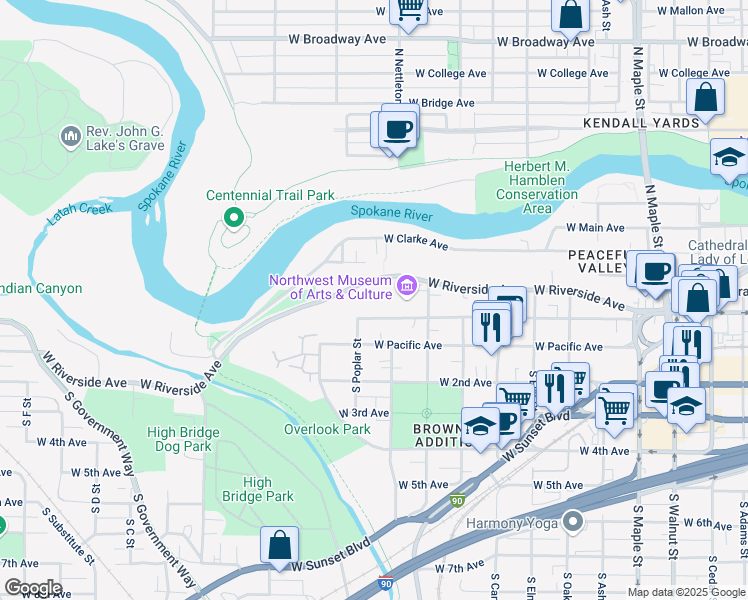 map of restaurants, bars, coffee shops, grocery stores, and more near 2316 West 1st Avenue in Spokane