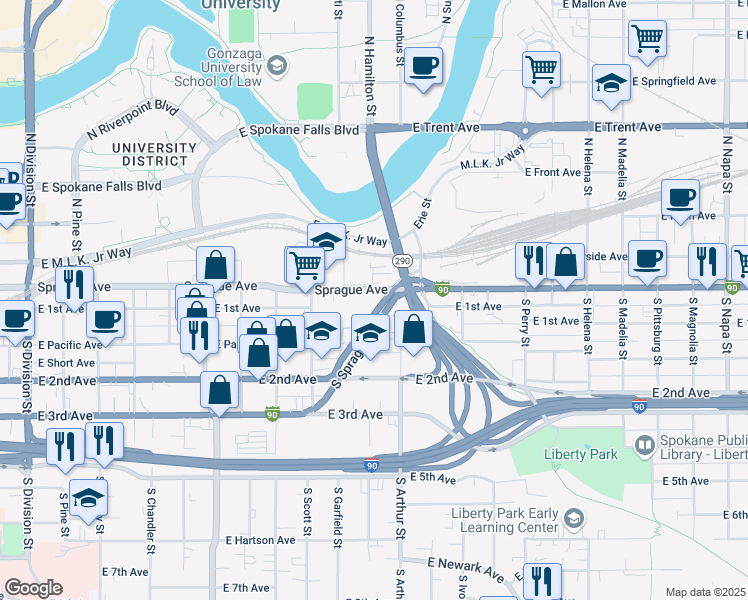map of restaurants, bars, coffee shops, grocery stores, and more near 920 East Sprague Avenue in Spokane