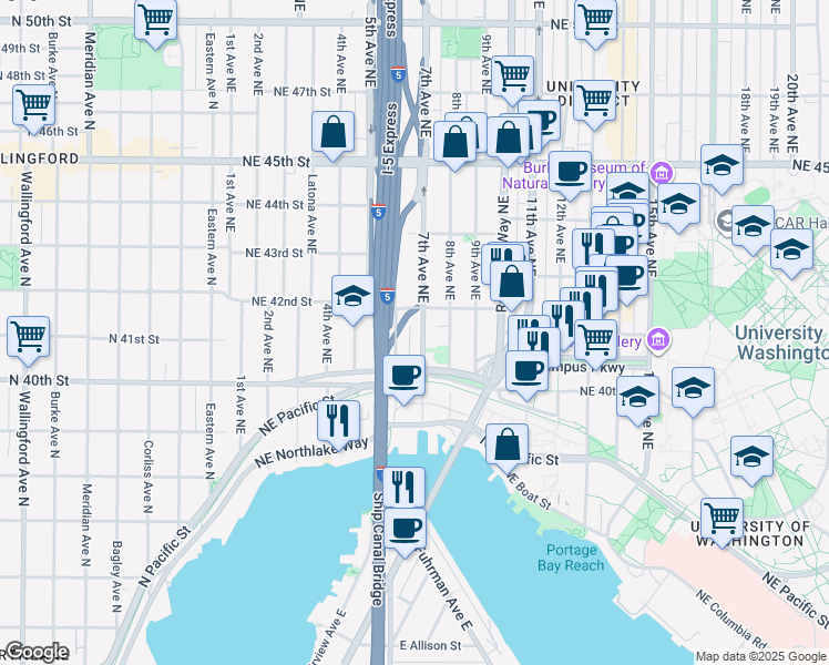map of restaurants, bars, coffee shops, grocery stores, and more near 4041 7th Avenue Northeast in Seattle