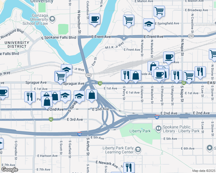 map of restaurants, bars, coffee shops, grocery stores, and more near 1120 East 1st Avenue in Spokane