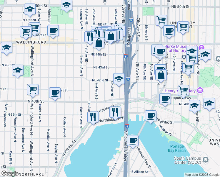 map of restaurants, bars, coffee shops, grocery stores, and more near 4033 4th Avenue Northeast in Seattle