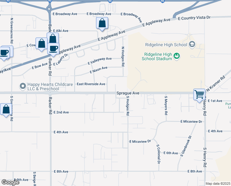 map of restaurants, bars, coffee shops, grocery stores, and more near 19411 East 1st Avenue in Spokane Valley