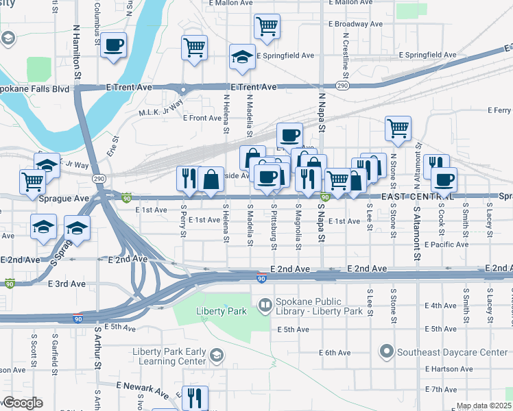 map of restaurants, bars, coffee shops, grocery stores, and more near in Spokane