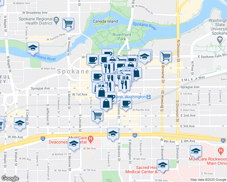 map of restaurants, bars, coffee shops, grocery stores, and more near 514 West 1st Avenue in Spokane