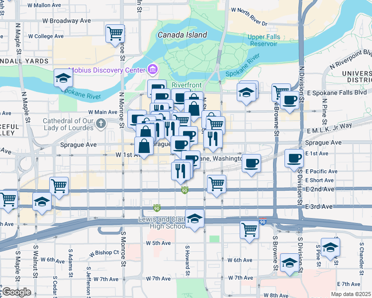 map of restaurants, bars, coffee shops, grocery stores, and more near 14001 West 1st Avenue in Spokane