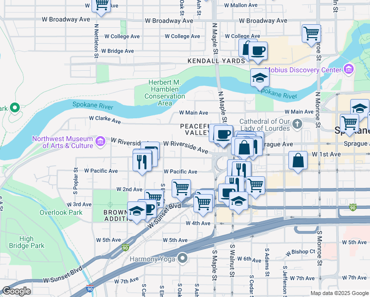 map of restaurants, bars, coffee shops, grocery stores, and more near in Spokane