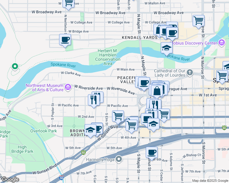 map of restaurants, bars, coffee shops, grocery stores, and more near 1818 West 1st Avenue in Spokane