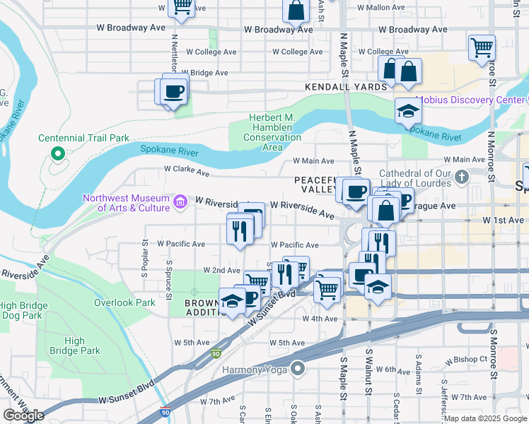map of restaurants, bars, coffee shops, grocery stores, and more near 1920 West 1st Avenue in Spokane