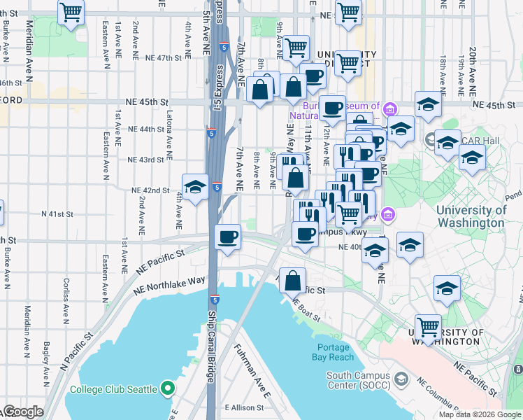 map of restaurants, bars, coffee shops, grocery stores, and more near 4039 9th Avenue Northeast in Seattle