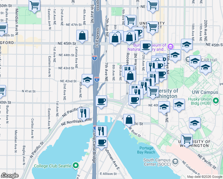 map of restaurants, bars, coffee shops, grocery stores, and more near in Seattle