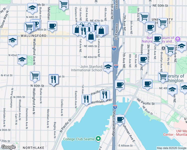 map of restaurants, bars, coffee shops, grocery stores, and more near 4030 2nd Avenue Northeast in Seattle