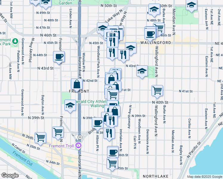 map of restaurants, bars, coffee shops, grocery stores, and more near 1211 North 41st Street in Seattle