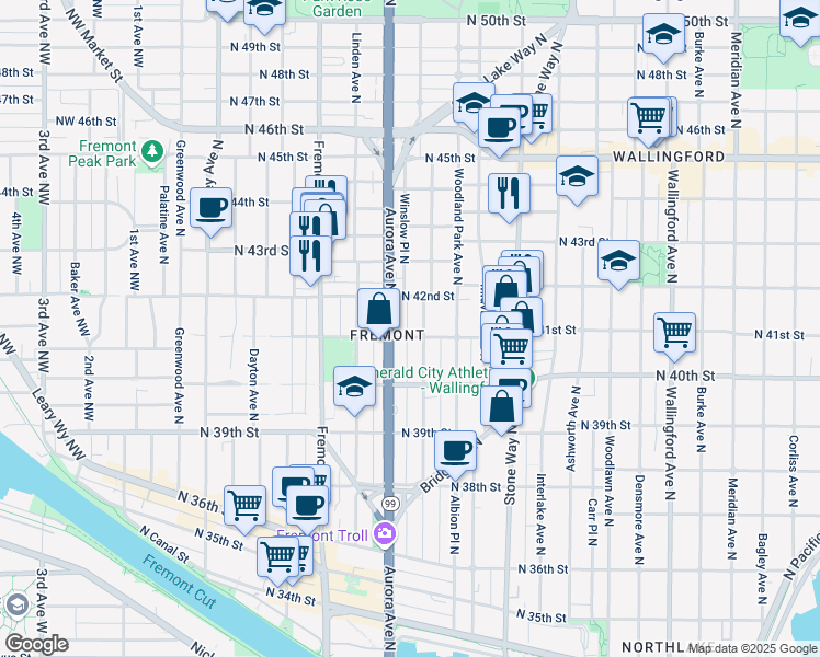 map of restaurants, bars, coffee shops, grocery stores, and more near 4033 Whitman Avenue North in Seattle