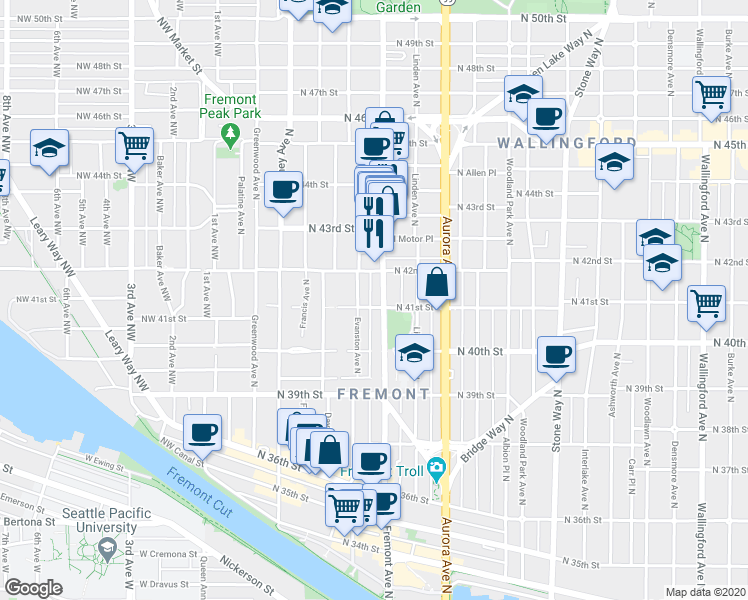 map of restaurants, bars, coffee shops, grocery stores, and more near 611 North 41st Street in Seattle