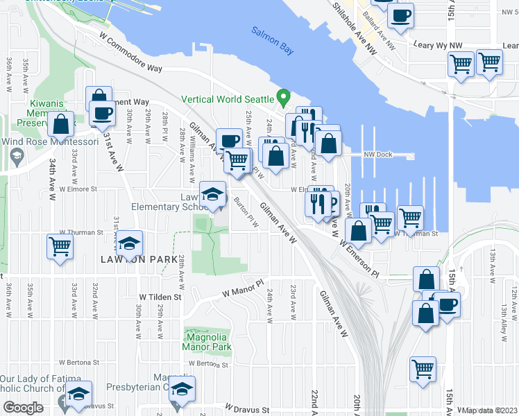 map of restaurants, bars, coffee shops, grocery stores, and more near 4051 Gilman Avenue West in Seattle