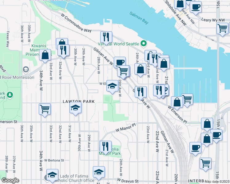 map of restaurants, bars, coffee shops, grocery stores, and more near 4027 27th Avenue West in Seattle