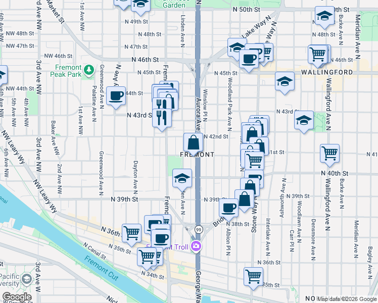map of restaurants, bars, coffee shops, grocery stores, and more near in Seattle