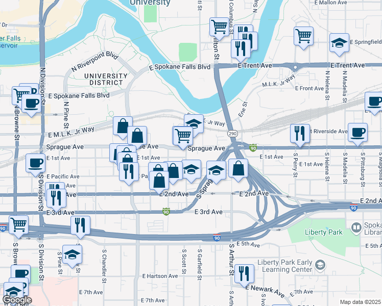 map of restaurants, bars, coffee shops, grocery stores, and more near 790 East 1st Avenue in Spokane
