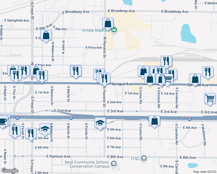 map of restaurants, bars, coffee shops, grocery stores, and more near 15 South Havana Street in Spokane