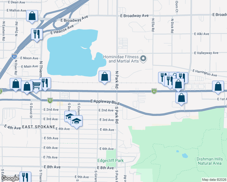 map of restaurants, bars, coffee shops, grocery stores, and more near 7 North Park Road in Spokane Valley