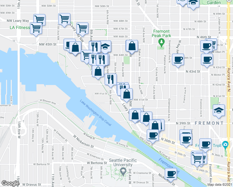 map of restaurants, bars, coffee shops, grocery stores, and more near Leary Way Northwest & Northwest 41st Street in Seattle