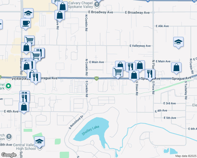 map of restaurants, bars, coffee shops, grocery stores, and more near 16404 East Sprague Avenue in Spokane Valley