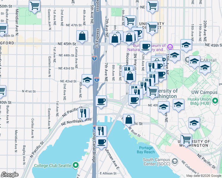 map of restaurants, bars, coffee shops, grocery stores, and more near in Seattle