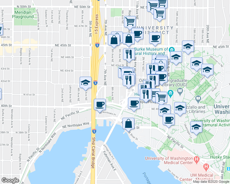 map of restaurants, bars, coffee shops, grocery stores, and more near 4046 8th Avenue Northeast in Seattle
