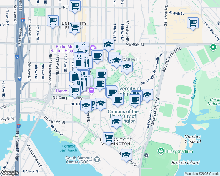 map of restaurants, bars, coffee shops, grocery stores, and more near 4100 Spokane Lane in Seattle