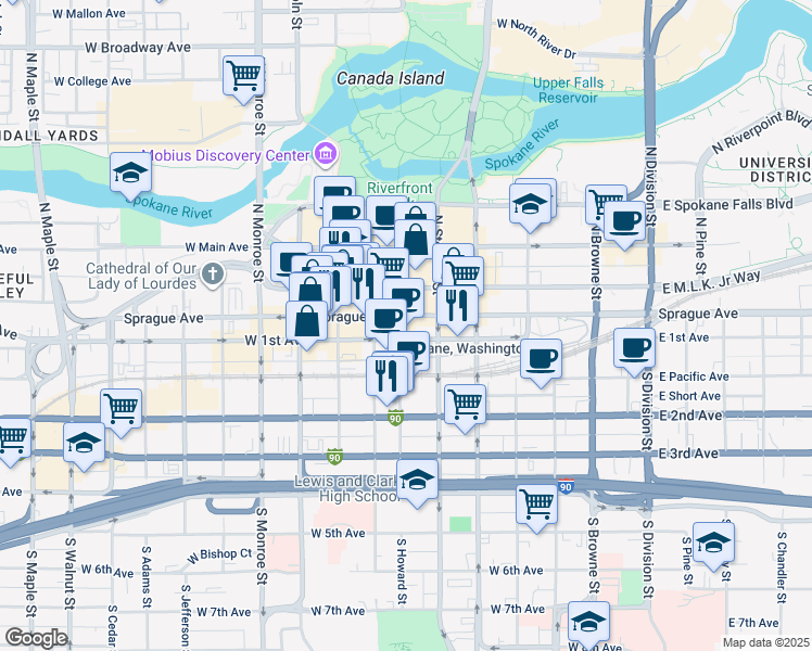 map of restaurants, bars, coffee shops, grocery stores, and more near 14001 West 1st Avenue in Spokane
