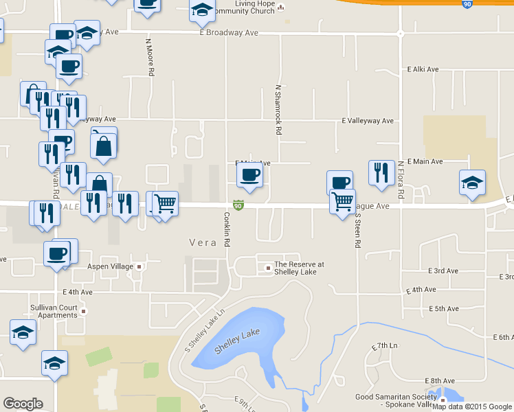 map of restaurants, bars, coffee shops, grocery stores, and more near 16404 East Sprague Avenue in Spokane Valley