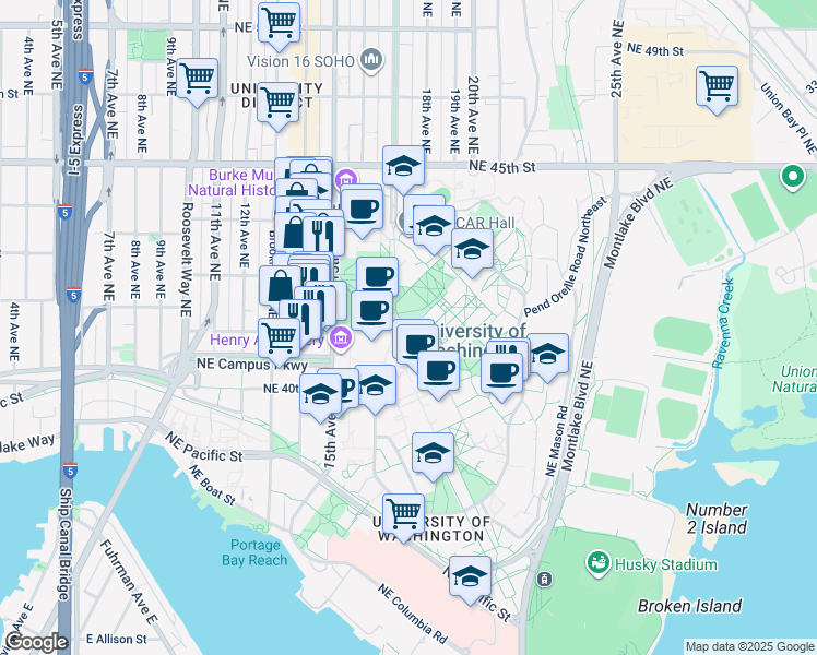 map of restaurants, bars, coffee shops, grocery stores, and more near 4063 Spokane Lane in Seattle