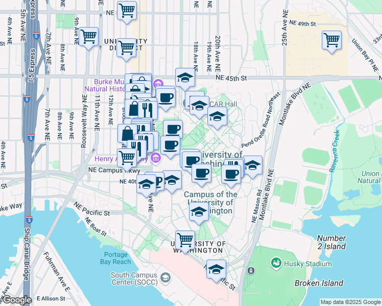 map of restaurants, bars, coffee shops, grocery stores, and more near 4100 Spokane Lane in Seattle
