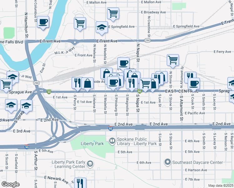 map of restaurants, bars, coffee shops, grocery stores, and more near 1801 East 1st Avenue in Spokane