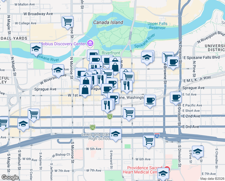 map of restaurants, bars, coffee shops, grocery stores, and more near 14001 West 1st Avenue in Spokane