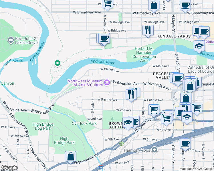 map of restaurants, bars, coffee shops, grocery stores, and more near 2230 West 1st Avenue in Spokane