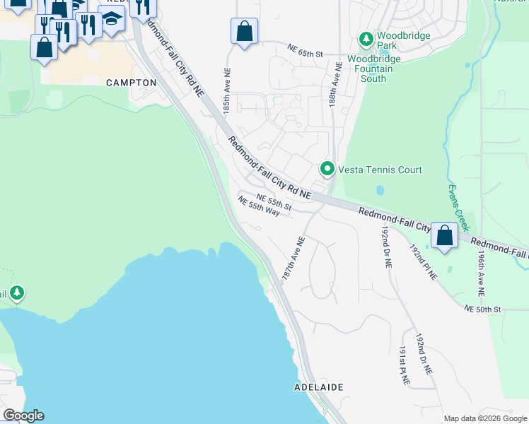 map of restaurants, bars, coffee shops, grocery stores, and more near 18530 Northeast 53rd Court in Redmond