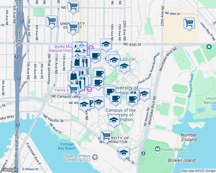 map of restaurants, bars, coffee shops, grocery stores, and more near 4000 15th Avenue Northeast in Seattle