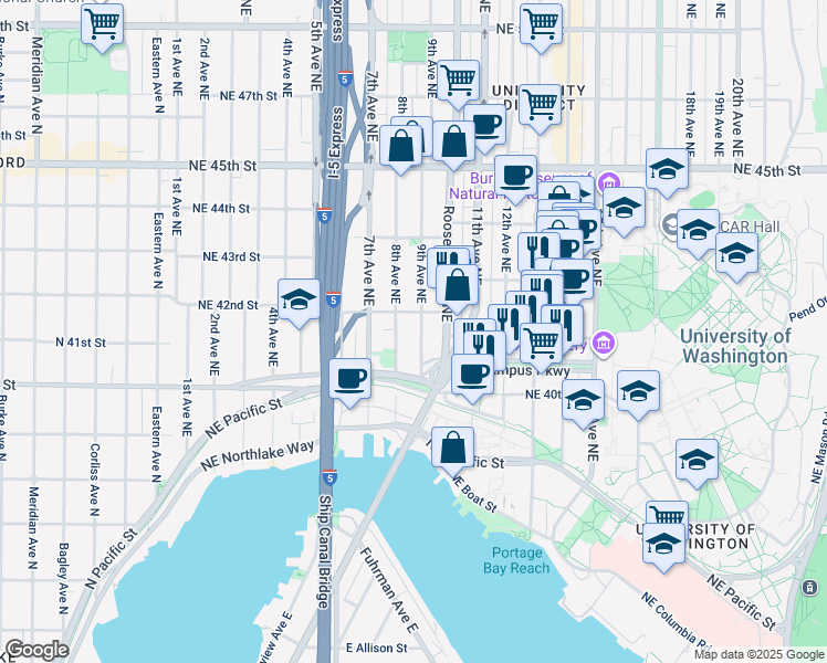 map of restaurants, bars, coffee shops, grocery stores, and more near 4039 9th Avenue Northeast in Seattle
