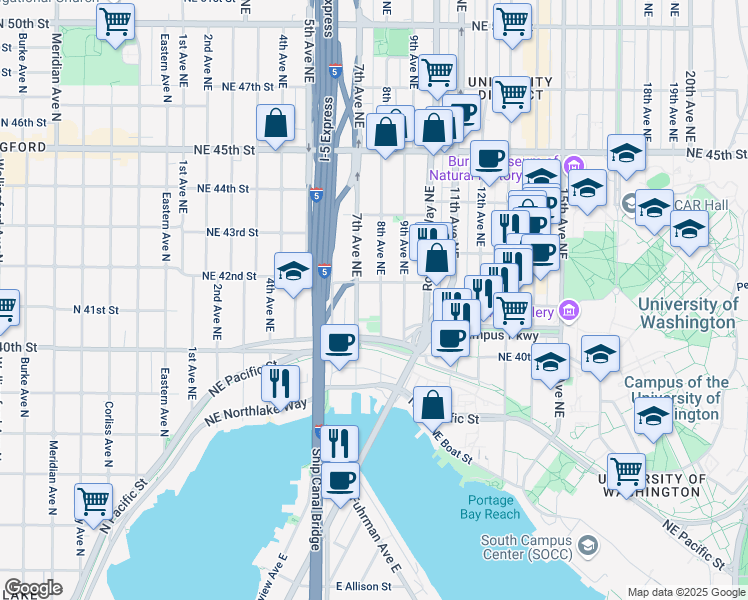 map of restaurants, bars, coffee shops, grocery stores, and more near in Seattle