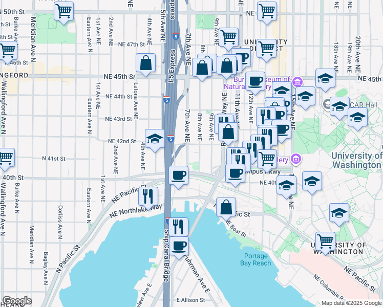 map of restaurants, bars, coffee shops, grocery stores, and more near in Seattle