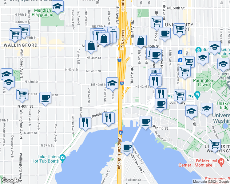 map of restaurants, bars, coffee shops, grocery stores, and more near 4030 5th Avenue Northeast in Seattle