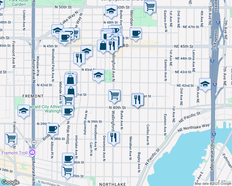 map of restaurants, bars, coffee shops, grocery stores, and more near 4027 Burke Avenue North in Seattle