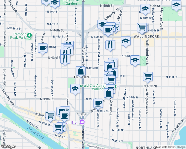 map of restaurants, bars, coffee shops, grocery stores, and more near 4033 Whitman Avenue North in Seattle