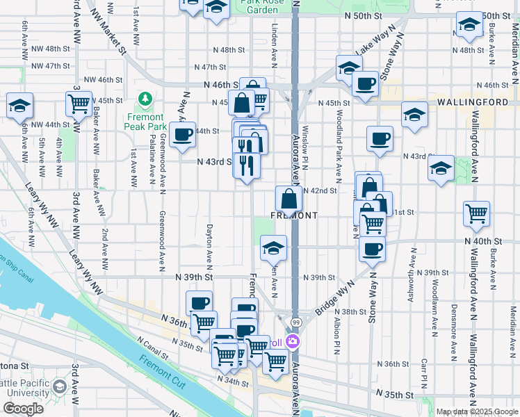 map of restaurants, bars, coffee shops, grocery stores, and more near 4025 Linden Avenue North in Seattle
