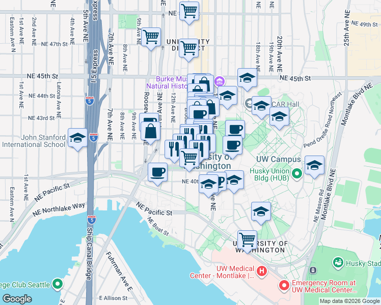 map of restaurants, bars, coffee shops, grocery stores, and more near 4106 Brooklyn Avenue Northeast in Seattle