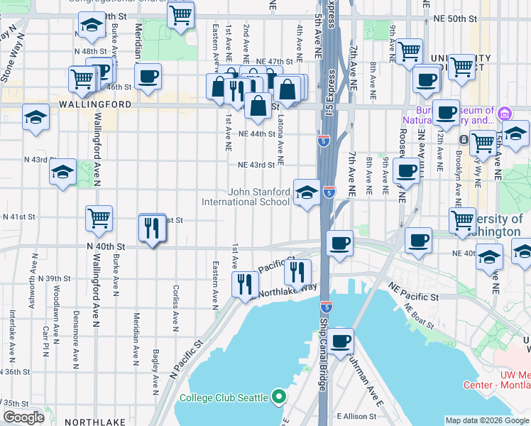 map of restaurants, bars, coffee shops, grocery stores, and more near 4030 2nd Avenue Northeast in Seattle