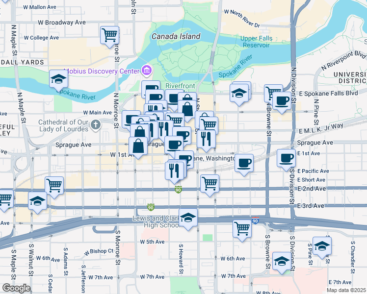 map of restaurants, bars, coffee shops, grocery stores, and more near 14001 West 1st Avenue in Spokane