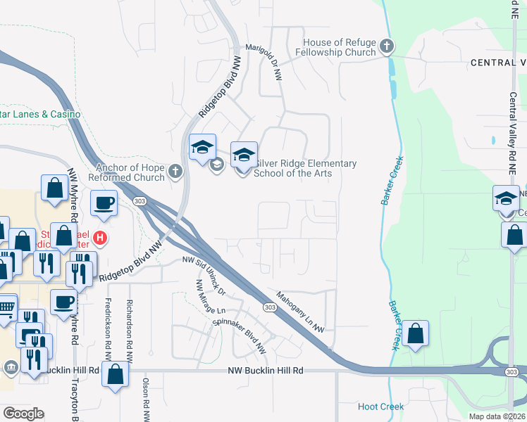 map of restaurants, bars, coffee shops, grocery stores, and more near 1215 Northwest Hogan Lane in Bremerton