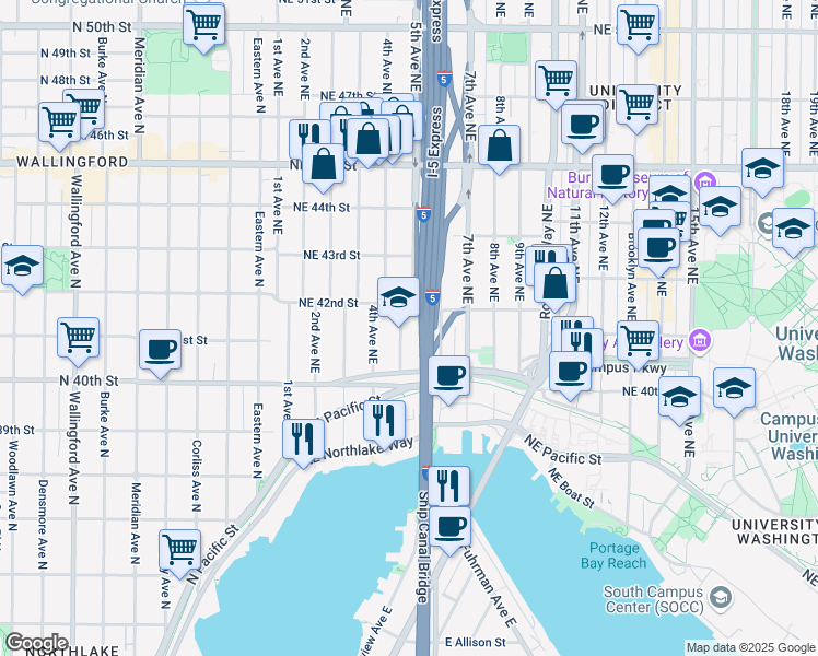 map of restaurants, bars, coffee shops, grocery stores, and more near 4050 5th Avenue Northeast in Seattle